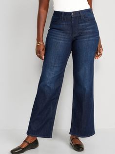 button front belt loops zip fly front scoop pockets back patch pockets sits at belly button loose hip and thigh 31" regular inseam 29" petite inseam 35" tall inseam models are approx.  5'9" and wear sizes s (4), l (12), and xl (18) Jeans For Women, Jack Black, Back Patch, New Moon, Petite Size, Belly Button, Wide Leg Jeans, Old Navy, Jeans Size