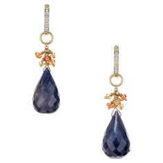 Deep blue sapphire and diamond dangle earrings. 2 rich blue briolette sapphires totaling 24.00cts, accented with 12 orange and yellow bead sapphires, that dangle from two diamond 14k yellow gold hoops. Day and night style earrings. The dangles can be removed for a simple hoop look. 2 blue sapphire briolette's, approx. 24.00cts 16 single cut diamonds, I I approx. .2cts 6 orange sapphire beads 6 golden yellow sapphire beads 14k yellow gold Stamped: 14k 8.5 grams Top to bottom: 40.3mm or 1.58 Inche Sapphire Beads, Night Style, Gold Dangle Earrings, Diamond Dangle Earrings, Orange Sapphire, Fashion Night, Orange And Yellow, Gold Earrings Dangle, Yellow Sapphire