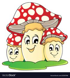 three cartoon mushrooms with faces peeking out from under the mushroom