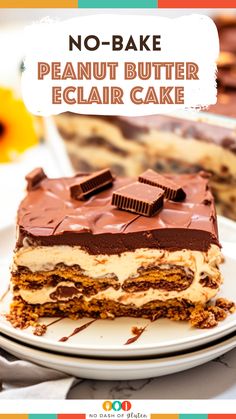 no - bake peanut butter eclair cake on a plate with the title overlay