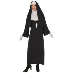 the nun costume is shown in black and has a white cross on it's chest