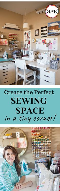 a woman sitting at a sewing machine in her craft room with the words create the perfect sewing space in my corner