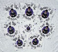 six stickers with black and white images on them, all depicting the same person