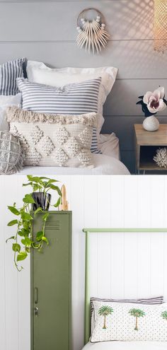 there are two pictures of a bedroom with white walls and green furniture in the same room