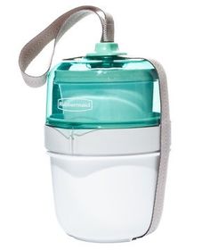 a blue and white water bottle with a strap around it's neck on a white background