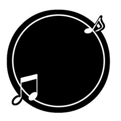 a black and white circle with musical notes on it's side, as well as a note in the middle