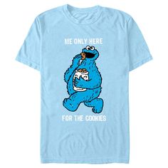 We can tell you how to get to Sesame Street and look good doing it, with these adorable designs for the whole family from the iconic, long-running children's series Sesame Street! Step onto Sesame Street with this officially licensed Men's Me Only Here for the Cookies Graphic T-Shirt featuring Cookie Monster walking while eating a bag of delicious cookies and his famous quote: "Me Only Here for the Cookies". Bring joy and laughter to your day with this new Sesame Street apparel! Novelty Blue Cotton Tops, Funny Blue Fan Merchandise T-shirt, Blue Funny Fan Merchandise T-shirt, Blue Cotton Novelty Top, Cookie Monster Shirt, Street Apparel, Tv Clothes, Johnny Collar, Delicious Cookies