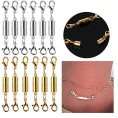 several different types of chain and clasps with gold or silver colored metal links on each side