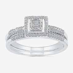 Ring Style: Bridal Sets, Engagement Rings, Halo Rings, Side Stone Rings# Pieces In Set: 2Diamond Clarity: I3Setting: ProngShape: PrincessStone Cut: RoundDiamond Color: JMetal Color: WhiteRing Gallery Height: 4.2mmRounded Carat Weight: 1/3 Ct. T.w.Band Width: 2mmCare: Wipe CleanAuthenticity: Natural DiamondMetal: Sterling SilverCountry of Origin: Imported White Princess Cut Jewelry With Halo Design, Silver Bridal Sets With Halo Design For Anniversary, Silver Bridal Sets With Halo Design For Formal Occasions, White Fine Jewelry Bridal Ring Sets, Silver Bridal Sets With Halo Design, White Diamond Bridal Sets With Halo Design, White Rings With Diamond Accents For Marriage, Formal White Gold Bridal Sets With Halo Design, White Diamond Accent Rings For Marriage