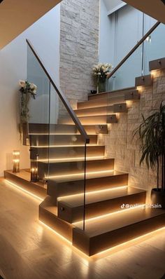 some stairs that are lit up with lights