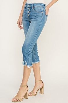 Details Style No. AT1101CKBU Elevate your denim game with the Mid Rise Capri featuring a frayed hem and distressed details. Designed specifically for plus-size figures, these capri jeans offer both style and comfort, making them a must-have addition to your wardrobe. Highlights Super Stretchy Denim Comfort High Quality Material Capri Length Mid-rise design Frayed with Distressed Medium Stone Wash Exposed Button Shape & fit • Skinny fit • Mid rise • Frayed HemSpecifications: Front Rise: 9 inches Stretch Cropped Jeans With Frayed Hem In Medium Wash, Stretch Mid-rise Cropped Jeans With Frayed Hem, Spring Cropped Jeans In Denim Blue With Frayed Hem, Dark Wash Stretch Cropped Jeans With Frayed Hem, Stretch Cropped Jeans With Frayed Hem In Dark Wash, Cropped Cutoff Jeans With Frayed Hem, Distressed Cutoff Cropped Jeans For Summer, Denim Blue Cropped Jeans With Frayed Hem, Cropped Denim Jeans With Frayed Hem