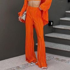 Showpo Beca Plisse Pants Chic Full Length Summer Pantsuit, Chic Full-length Summer Pantsuit, Chic Summer Full Length Pantsuit, Elegant High-waist Orange Bottoms, Elegant High Waist Orange Bottoms, Elegant Fitted Orange Bottoms, Summer Party Wide-leg Pantsuit, Spring Wide-leg Pantsuit For Night Out, Elegant Orange Straight Pants