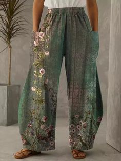 An exclusive offer for you——Affordable prices at Zolucky store, SPU: 294CPA85A745, Color: Green, Material:Polyester, Silhouette:H-Line. Flower Pants, Mode Hippie, Printed Wide Leg Pants, Womens Pants, Pants Casual, Loose Pants, Casual Look, Free Clothes, Casual Outfit