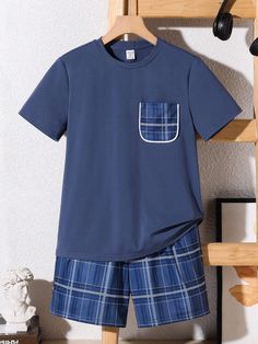 Young Boy Simple Casual Plaid Patch Pocket Short Sleeve T-Shirt With Plaid Shorts Summer Pajamas 2pcs/Set Royal Blue       Medium Stretch  Young Boys Clothing, size features are:Bust: ,Length: ,Sleeve Length: Join Fashion, Homewear Fashion, Summer Pajamas, Plaid Shorts, Boys Pajamas, Boys Casual, T Shirt And Shorts, Boys T Shirts