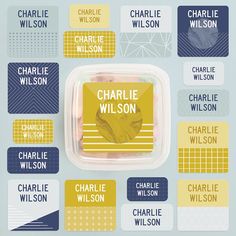 the charlie wilson name tags are shown in different colors and sizes, including blue, yellow, white, and black