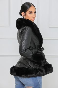 Faux Fur Leather Jacket, Cute Winter Fits, Faux Fur Outfit, Long Outerwear, Fur Leather Jacket, Faux Leather Coat, Long Coat Jacket, Black Faux Leather Jacket, Belted Coat