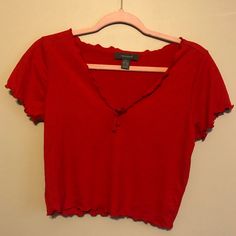 Red Tshirt Crop Top Lettuce Hem Never Worn Purchased From Primark In London Size Medium Red Cotton V-neck Crop Top, Red Crop Top T-shirt For Summer, Trendy Red Crop Top T-shirt, Red V-neck Cotton Crop Top, Red Short Sleeve Casual Crop Top, Casual Red Crop Top, Casual Red Short Sleeve Crop Top, Red Cotton V-neck Top, Red V-neck Casual T-shirt