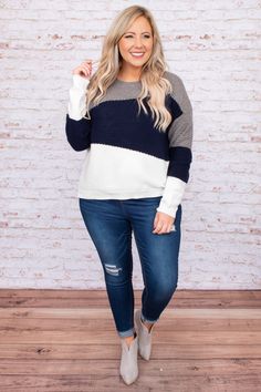 grey, navy, neutral, top, sweater, textured, long sleeve, round neck, figure flattering Plus Size Outfits For Work, Outfits For Work Casual, Fall Plus Size Outfits, Chic Soul, Color Block Pattern, Outfits For Work, Chubby Fashion, Fall Plus Size, Block Pattern