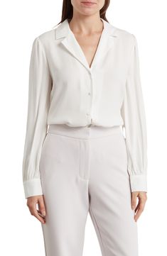 Feminine Button-up Blouse With Button Cuffs, Elegant V-neck Top With Button Cuffs, Semi-formal Collared Tops For Spring, Elegant V-neck Shirt For Daywear, Semi-formal Collared Blouse With Placket, Formal V-neck Shirt With Button Closure, Elegant V-neck Top With Cuffed Sleeves, Chic Semi-formal Blouse With Lapel Collar, Chic Tops With Collared Neckline And Button Closure