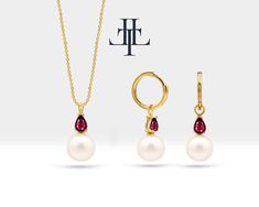 This Pearl Necklace and Earrings Set is a beautiful jewelry set are made from 14K solid gold, with the addition of pear-cut ruby. This combination of pearls, gold, and ruby can create a classic and elegant look, perfect for bridal jewelry. 4,50 mm Ruby Necklace  Ruby                   :     App.  0,18 ct   Pearl                   :     1 piece (9,00 mm) Gram                  :     App.   1,65 GR Product Code   :     LS00008PR 4,50 mm Ruby  Earring  Ruby                   :      App.  0,35 ct  Pe Fine Jewelry In Yellow Gold With Pearl Drop, Yellow Gold Pearl Drop Fine Jewelry, Teardrop Yellow Gold Jewelry With High Luster, Yellow Gold Jewelry Sets With Matching Earrings, Classic Yellow Gold Briolette Jewelry, Yellow Gold Briolette Fine Jewelry, Yellow Gold Fine Jewelry With High Luster, Fine Jewelry In Yellow Gold With High Luster, High Luster Yellow Gold Fine Jewelry