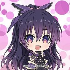 an anime character with purple hair and blue eyes, wearing a black cat ears outfit