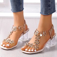 Women’s Clear Chunky Heeled Slingback Sandals. Accented With Sparkly Rhinestones. Comfortable And Lightweight. Elegant And Glamorous.