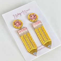 These pencil earrings are the perfect gift to our wonderful teachers and educators! Show the love and appreciation to your teachers with these beaded earrings. They are handmade and very lightweight. Beaded Teacher Gifts, Nickel Free Yellow Beaded Earrings For Gift, Nickel-free Yellow Beaded Earrings For Gifts, Nickel-free Yellow Beaded Earrings As Gift, Fun Beaded Earrings For Gifts, Yellow Beaded Earrings For Gift, Personalized Yellow Earrings For Gift, Yellow Beaded Earrings For Pierced Ears As Gift, Pencil Earrings