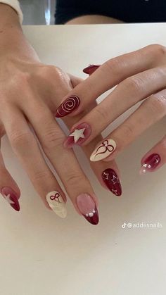 #nails Nails Cool Girl, 2024 Trend Nails, Red Funky Nails, Punk Nail Art, Grunge Nail Art, Nail Art Inspo, Hello Nails, Hippie Nails, Classy Acrylic Nails