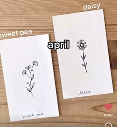 two cards with flowers drawn on them and the words sweet pea written in black ink