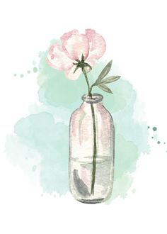 a watercolor painting of a pink flower in a glass vase