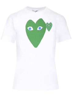 Slim fit T-shirt from Comme des Garçons Play in white cotton jersey with green heart print. Green Crew Neck T-shirt With Heart Graphic, Play Logo, Play Comme Des Garcons, Play Shop, Zegna Shoes, Green Heart, Heart T Shirt, Comme Des Garcons Play, Selling Clothes