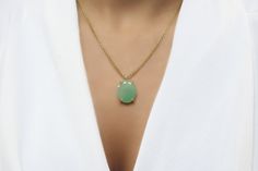 "A large pendant necklace made with an Aventurine pendant. This amazing crystal necklace is everything beautiful and breathtaking. Lovely green necklace to appease your gemstone jewelry collector heart. ♥ Gemstone Type - Green Aventurine ♥ Gemstone Size - 16x20mm ♥ Gemstone Cut - Oval ♥ Metal Type (Main Photo) - 14k Gold Filled - More options available in the drop down menu ♥ Length (Model Photo) - 45cm/18\" - Available from 14\" to 24\" (no additional cost) ❏ Why Buy This Unique Handmade Jewelr Oval Jade Necklace As Gift, Oval Jade Necklace For Gift, Chrysoprase Oval Pendant Necklace As Gift, Elegant Oval Emerald Necklace With Natural Stones, Oval Chrysoprase Necklaces With Natural Stones, Oval Chrysoprase Gemstone Necklaces, Green Oval Cabochon Gemstone Necklace, Oval Chrysoprase Natural Stone Necklace, Oval Chrysoprase Gemstone Necklace