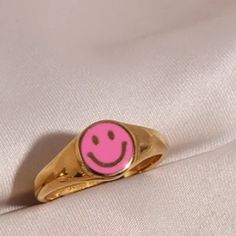 Y2k Pink Smiley Face 18k Gold Plated Ring Pink Y2k Jewelry As Gift, Trendy Everyday Pink Rings, Cute Pink Ring Jewelry, Cute Pink Round Rings, Pink Smiley Face, Boho Rings Gold, Pink Smiley, Pave Wedding Rings, Twisted Band Ring