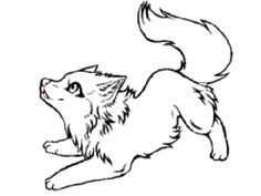 a black and white drawing of a dog running with its tail spread out to catch a frisbee