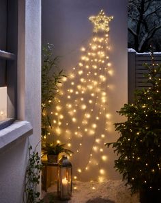 a lighted christmas tree in the corner of a room next to a potted plant