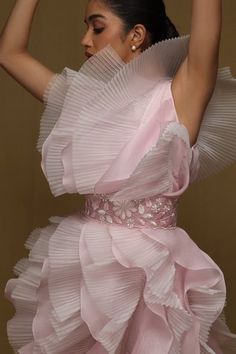 Shop for Shriya Som Pink Organza Textured Ruffle Layered Dress for Women Online at Aza Fashions Ruffle Layered Dress, Belt Hook, Embroidered Belt, Organza Dress, Layered Dress, Frill Dress, Layer Dress, Dress With Belt, Thread Work