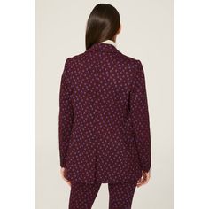 Red printed wool blend (32% Merino Wool, 23% Polyester, 22% Cotton, 19% Acetate, 2% Nylon, 2% Spandex). Blazer. Long sleeves. Collar. Pull on. 7.5" from shoulder to hemline. Imported. Chic Fitted Printed Outerwear, Chic Fitted Printed Blazer, Fitted Wool Outerwear With Jacquard Knit, Fitted Wool Jacquard Knit Outerwear, Printed Blazer For Workwear In Fall, Fitted Printed Outerwear For Fall, Fitted Notch Lapel Printed Blazer, Fitted Notch Lapel Blazer With Print, Fitted Notch Lapel Blazer With Printed Details