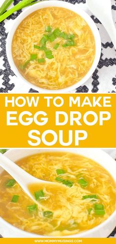 egg drop soup in a white bowl on a black and white tablecloth with text overlay