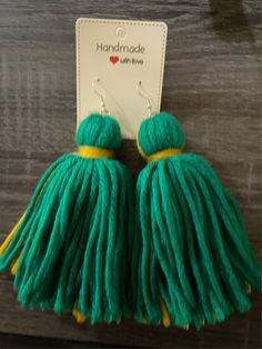 Handmade with love Green Tassel Earrings As Gift, Green Tassel Earrings With Latkans For Gifts, Green Tassel Earrings For Gift, Handmade Green Tassel Earrings For Gift, Yarn Tassel Earrings, Gold Yarn, Portsmouth Va, Yarn Tassel, Handmade With Love