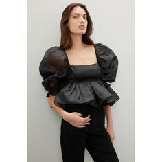 Black organza (100% Polyester Organza). Top. Short sleeves. Square neck. Back zipper closure.Imported. Black Sheer Blouse With Puff Sleeves, Fitted Organza Tops For Evening, Chic Formal Organza Tops, Chic Voluminous Blouse For Party, Chic Organza Tops For Party, Chic Organza Tops For Evening, Spring Formal Organza Tops, Formal Organza Tops For Spring, Formal Black Organza Blouse