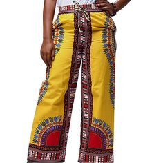 High Rise Leg Style Wide Handmade: Handcrafted By Experienced Garment Workers, Made Of 100% African Wax Cotton, African Batiks Pants Ethnic Customs, Dashiki Pants, Party Pants, Print Clothing African Wax Cotton Is Not Stretched, Waste 29 To 31 Inches Hips 36 Inches Length 39 Inches Yellow Wide Leg Pants With Elastic Waistband, Non-stretch Yellow Cotton Bottoms, Yellow Cotton Wide Leg Pants For Summer, Summer Yellow Cotton Wide Leg Pants, Yellow Bohemian Bottoms For Summer, Bohemian Yellow Bottoms For Summer, Yellow Bohemian Bottoms For Vacation, Traditional Yellow Pants For Summer, Yellow Cotton Bohemian Pants