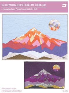 two pictures of mountains with different colors and sizes, one has a hot air balloon in the sky