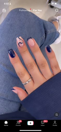 Nails Design With Natural Nails, Short Nail Art Minimalist, French Tip With Solid Nail, Nails With One French Tip, Light Blue Nails With Dark Blue Lines, Navy Biab Nails, Short Acrylic Square Nails Designs, Xs Nails Designs, Acrylic Nail Designs January