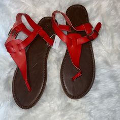 Never Worn Sandals. Size 11. Red Trendy Sandals With Cushioned Footbed, Red Synthetic Sandals With Ankle Strap, Trendy Red Sandals With Cushioned Footbed, Casual Red Sandals With Adjustable Strap, Red Sandals With Adjustable Strap And Round Toe, Red T-strap Sandals For Spring, Red Leather Flip Flops For Vacation, Red Sandals With Buckle Closure For Summer, Red Buckle Closure Sandals For Summer