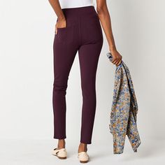 These St. John's Bay women's pull-on pants are stylish, versatile, and flatter the figure, making them a must-have piece for your rotation. They're made from ponte fabric with a skinny-fit, a flat front, an elastic-waist, and two back pockets. Style them with a flowy blouse and chunky heels. Front Style: Flat FrontClosure Type: Full ElasticFit: Skinny FitPockets: 2 Back Patch PocketRise: At WaistBase Material: 70% Rayon, 25% Nylon, 5% SpandexFiber Content: 70% Rayon, 25% Nylon, 5% SpandexFabric… Flowy Blouse, Back Patch, Pull On Pants, Chunky Heels, Must Haves, Elastic Waist, Elastic, Heels, Purple