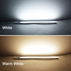 two different views of a light that is on the wall and below it, both showing white and warm