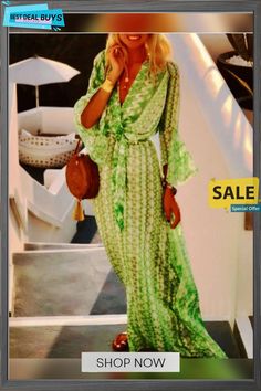 Women's Swing Dress Maxi Long Dress 3/4 Length Sleeve Geometric Print Spring Summer Boho Flare Cuff Sleeve Blushing Pink Green Elegant Half Sleeve Maxi Dress For Beach, Chic Half Sleeve Maxi Dress For Beach, Green Half Sleeve Maxi Dress For Summer, Summer Beach Dress With 3/4 Length, Summer Beach Dresses With 3/4 Length, Chic 3/4 Sleeve Maxi Dress For Beach, 3/4 Length Summer Beach Dresses, Chic Maxi Dress With 3/4 Sleeves For The Beach, Chic Beach Maxi Dress With 3/4 Sleeves