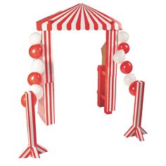 a red and white striped tent with balloons attached to the side, on a white background