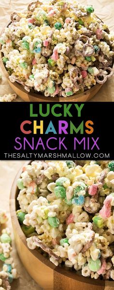 lucky charms snack mix in a wooden bowl on top of a table with the words lucky charms