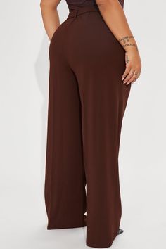 Available In Chocolate. Trouser Pant High Rise Elastic Waistband Belted Hand Pockets Stretch 32" Inseam 95% Polyester 5% Spandex Imported | Say No More Wide Leg Trouser in Chocolate Brown size XS by Fashion Nova Casual Brown Elastane Bottoms, High Waist Brown Elastane Bottoms, Brown Stretch Wide Leg Dress Pants, Brown Wide-leg Elastane Pants, Chocolate Fashion, Say No More, Halloween Top, Sweater Jumpsuit, Jean Top